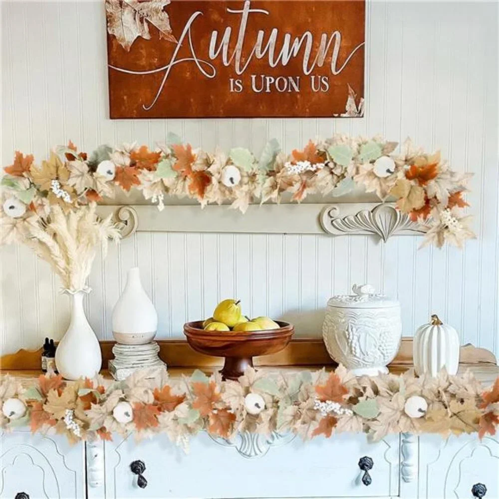 Neutral Fall Garland for Mantle Fireplace - 2 Pack 6Ft Outdoor Autumn Leaves